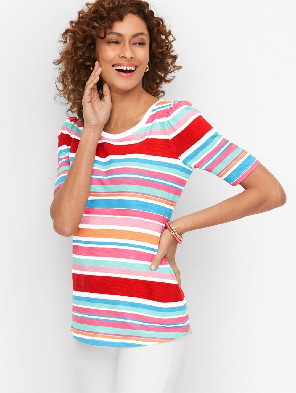 Talbots Puff Sleeve Crew Neck Tee In Sun Stripe Size Large
